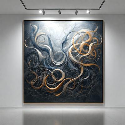 The primary subject of the image is a large painting of a blue and orange swirl. The painting is displayed on a white wall, which serves as the setting. The visual style of the image is a painting, and the dominant colors are blue and orange. The overall atmosphere of the painting is dynamic and captivating.
